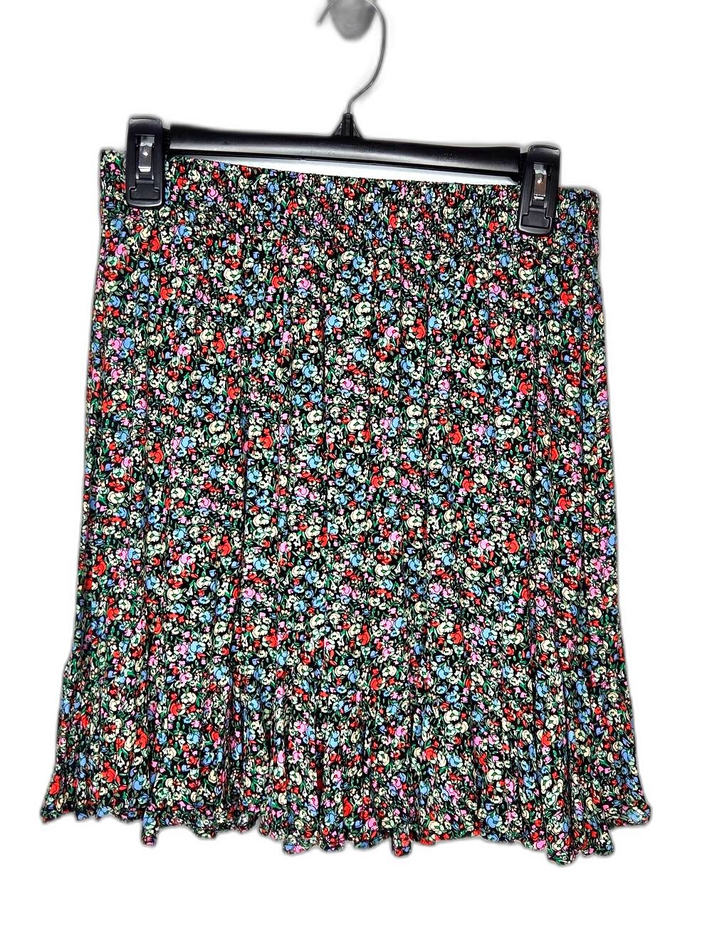 LOFT Black Floral Pleated Midi Skirt with Multicolor Blooms